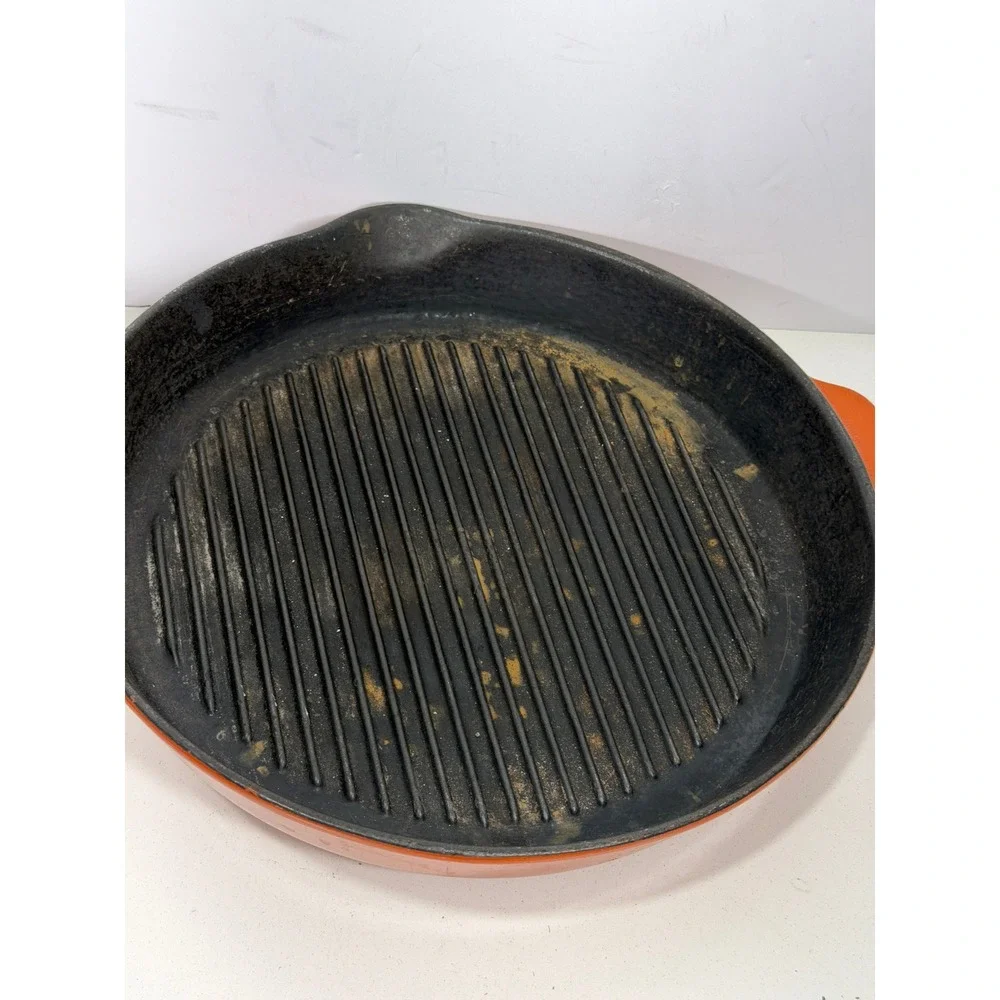Orange Enameled Cast Iron Round Grill Pan Skillet with Ribbed Surface 10 inch